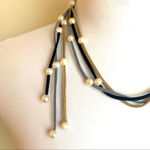 Leather Pearl Strand Statement Necklace - Picture 3 of 8